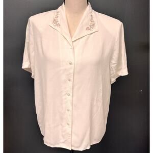 vintage women's embellished button down short sleeve top floral embroidery 10P
